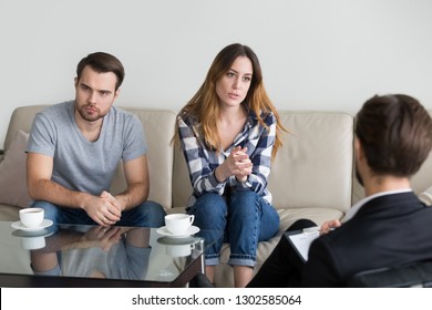 Unhappy Married Couple Counseling, Woman Talking To Psychologist Complaining On Bad Relationships Sitting On Couch With Husband, Wife Share Problems With Counselor, Family Marriage Therapy Session