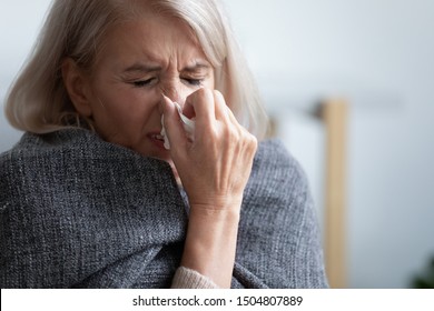 Unhappy Mature Woman Covered Blanket Feeling Bad, Sneezing Close Up, Holding Handkerchief, Suffering From Fever, Allergic Reaction Or Seasonal Infection, Upset Depressed Older Female Crying