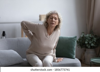 Unhappy middle aged woman suffering from backache, sitting on couch at home, upset frustrated mature female touching lower, feeling discomfort, rubbing stiff muscles or kidney pain, health problem - Powered by Shutterstock