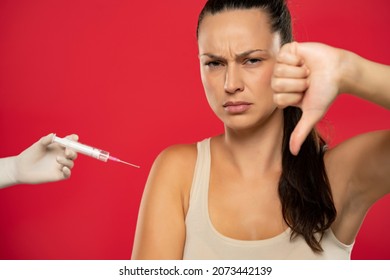 Unhappy Patient Showing Thumb Up Injection Treatment Hospital Covid Vaccination