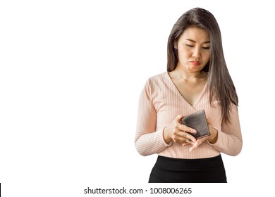 Unhappy And Poor Asian Woman Holding Empty Purse Having Problem With No Money For Debt ,expenses ,isolated On White Background