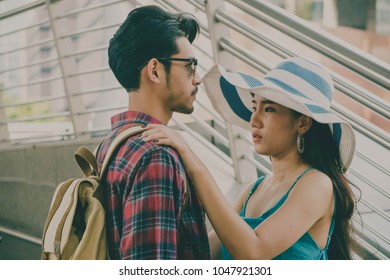 Unhappy Sad Couple Saying Goodbye In The Airport Or Station. Loving Couple Hugging And Say Goodbye.