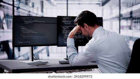 Unhappy Sad Developer Programmer Man In Stress Coding Software On Computer