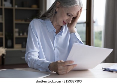 Unhappy Sad Senior Grey Haired Business Woman Getting Bad Shocking News, Reading Document, Paper Letter, Notification, Crying. Elderly Age Problems, Loss, Stress Concept