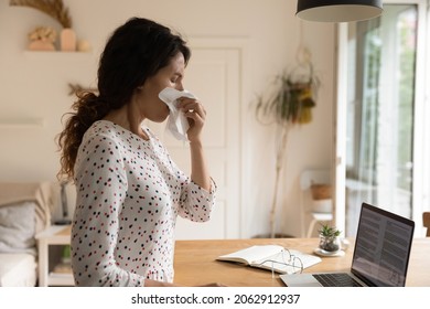 Unhappy sick woman, adult student, remote employee staying at home due to flu infection, suffering from snuffles, seasonal allergy, blowing runny nose, covering face with paper tissue