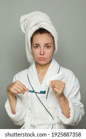 Unhappy Sleepy Tired Woman Brushing Her Teeth, Female Routine