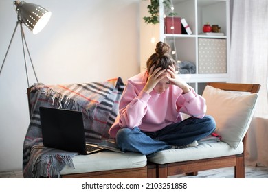 Unhappy Teen Girl During Home Online Education Using Laptop. Stress Sadness Female Student Do Homework Classes. Sad Woman Work Remote From Home