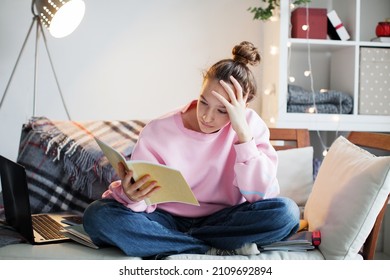 Unhappy Teen Girl During Home Online Education Using Laptop. Stress Sadness Female Student Do Homework Classes. Sad Woman Work Remote From Home