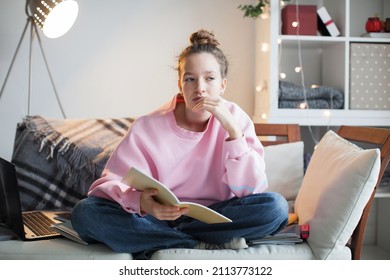 Unhappy Teen Girl During Home Online Education Using Laptop. Stress Sadness Female Student Do Homework Classes. Sad Woman Work Remote From Home