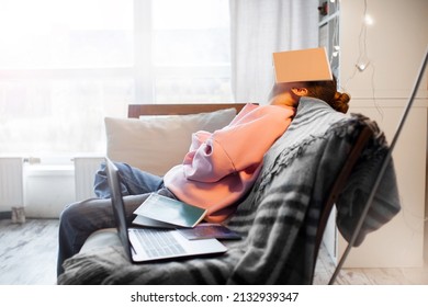 Unhappy Teen Girl During Home Online Education Using Laptop. Stress Sadness Female Student Do Homework Classes. Sad Woman Work Remote From Home