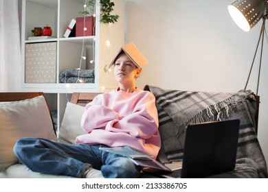 Unhappy Teen Girl During Home Online Education Using Laptop. Stress Sadness Female Student Do Homework Classes. Sad Woman Work Remote From Home