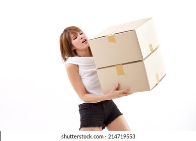 Unhappy Woman Carrying Heavy Box With Back Pain