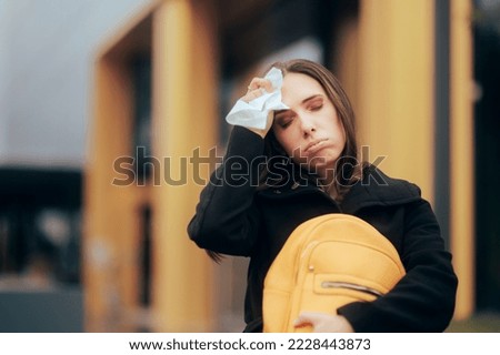 
Unhappy Woman Feeling Sick Going to Work. Office worker having fold symptoms sweating with fever going on medical leave 
