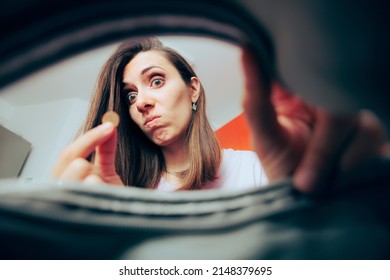 
Unhappy Woman Finding Only One Coin in her Purse. Poor millennial girl suffering from inflation and financial crisis

