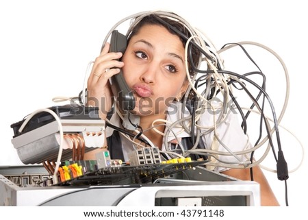 unhappy woman  having problems with computer trying to reach support line