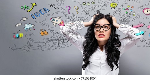 Unhappy woman with many thoughts on a gray background