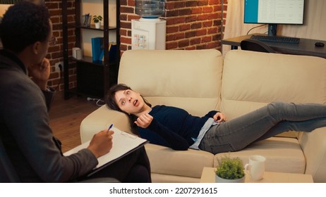 Unhappy Woman Talking To Therapist About Marriage Problems, Complaining About Conflict Laying On Couch. Attending Therapy Session Meeting With Consultant, Doing Psychoanalysis.