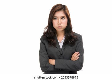 Unhappy Young Business Asian Woman Annoyed Angry With Blank Copy Space  ,concept Negative Emotions And Facial Expression,Portrait Of Asian Woman,isolated On White Background