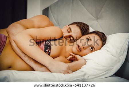 Similar – Image, Stock Photo Happy young couple in love kissing under duvet cover