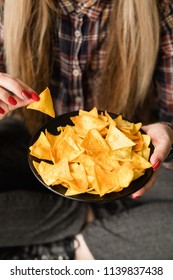 Unhealthy Fast Food Snacks. Bad Nutrition Habits. Woman Eating Crispy Delicious Nacho Chips