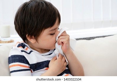 Unhealthy Kid Blowing Nose Into Tissue, Child Suffering From Running Nose Or Sneezing , A Boy Catches A Cold When Season Change, Childhood Wiping Nose With Tissue