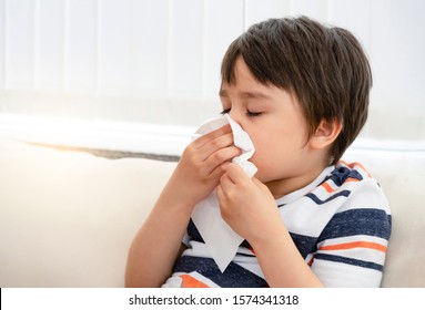 Unhealthy Kid Blowing Nose Into Tissue, Child Suffering From Running Nose Or Sneezing , A Boy Catches A Cold When Season Change, Childhood Wiping Nose With Tissue