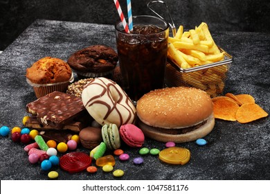 Unhealthy Products. Food Bad For Figure, Skin, Heart And Teeth. Assortment Of Fast Carbohydrates Food. 