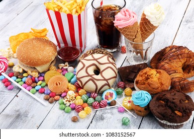 Unhealthy Products. Food Bad For Figure, Skin, Heart And Teeth. Assortment Of Fast Carbohydrates Food. 