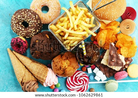 Unhealthy products. food bad for figure, skin, heart and teeth. Assortment of fast carbohydrates food. 