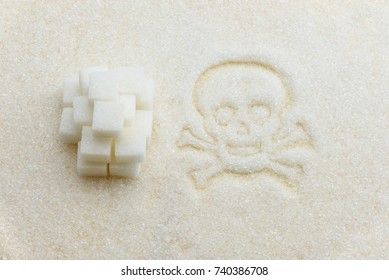 Unhealthy sweet food, obesity and diabetes mellitus concept : Top view of pure white refined, bleached sugar cubes / fine granulated sugar sweetener, skull and crossbones. Abstract texture background. - Powered by Shutterstock