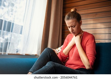 Unhealthy Young Woman Touch Neck Hard To Swallow Having Discomfort Or Painful Feeling, Unwell Sad Female Employee Suffering From Angina Or Tonsillitis, Sore Throat, Experience Loss Of Voice