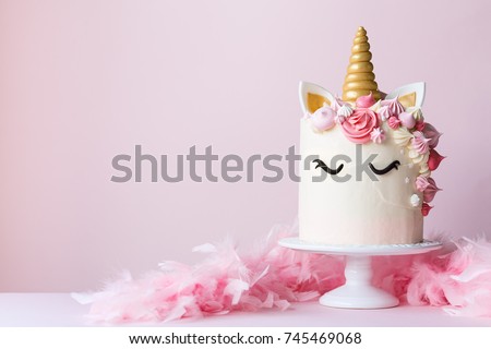 Unicorn cake with pink frosting and copy space to side
