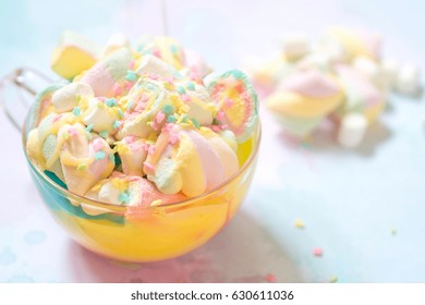Unicorn Food. Rainbow Hot Chocolate With Colorful Marshmallow On A Table