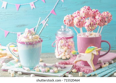 Unicorn hot chocolate and cookies for party