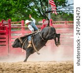 Unidentifiable bull rider in a generic rodeo arena. Bull riding is a rodeo sport that involves a bull rider attempting to stay mounted on a bucking bull while the animal tries to buck off the rider