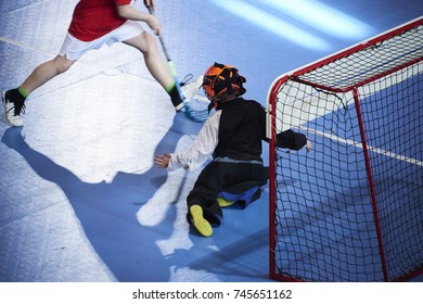 Unidentifiable Floorball Goalkeeper During Mach. Children Playing Floorball