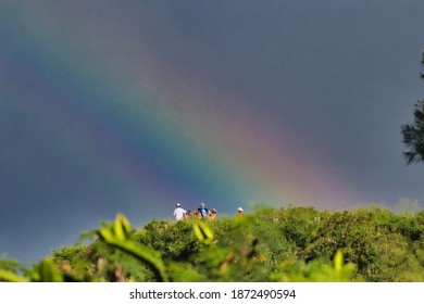 Unidentifiable People Under A Rainbow As They Stare Off Into The Distance.