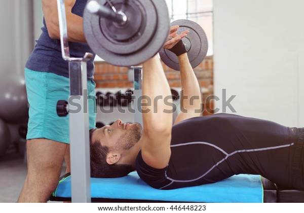 Unidentifiable Spotter Helping Bearded Man Black Stock Photo Edit