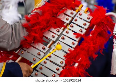 Unidentifiable Young Woman Playing Xylophone During Panama National Day Parade Celebrating The Separation Of Panama From Colombia. Selective Focus.