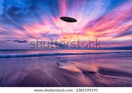 An Unidentified Flying Object Saucer Is Hovering In The Colored Surreal Sky