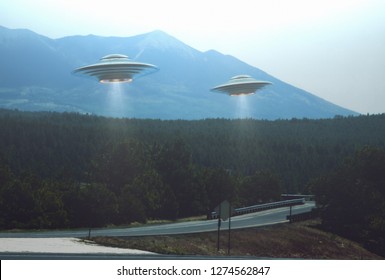 Unidentified flying object. Two UFOs flying over a road among the trees. 3D illustration.