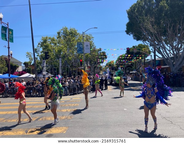 Unidentified participants in the 44th annual\
Carnaval Grand parade in the Mission District. - San Francisco,\
California, USA - May 29,\
2022