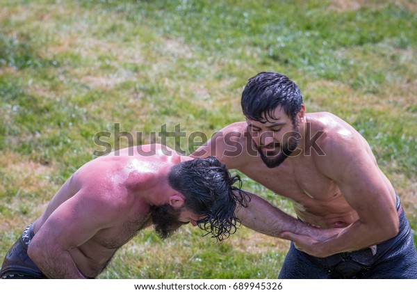 Unidentified People Perform Oil Wrestling Wrestling Stock Photo Edit Now 689945326