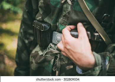 Unidentified Re-enactor Dressed As German Soldier. German Military Decoration On The Uniform Of A German Soldier.