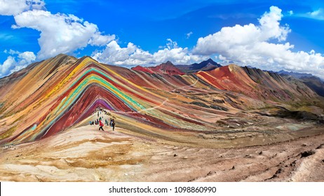 Unidentified  tourists walking on the Rainbow Mountain (Vinicunca Montana de Siete Colores - Spanish) in Cusco, Peru. - Shutterstock ID 1098860990
