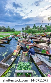 Unidentified vegetable vendors sell their produce on their boat  at floating vegetable market - Dal Lake, Sri Nagar, India on June 26, 2018 