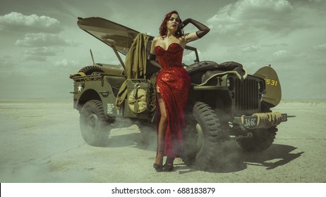 Uniform, Beautiful Redhead Girl Dressed In Style Pinup Of The Second World War, Next To A Military Truck