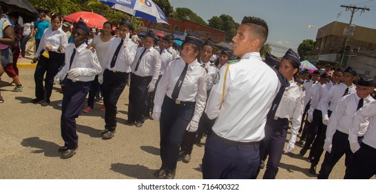 Uniformed In Blue, High School Teens March During Honduras Independence Day Parade At The Town Of La Lima On September 15,2017. 