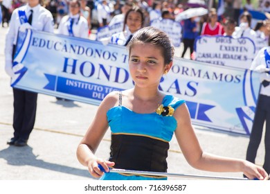 Uniformed Marching Teens During Independence Day Parade At La Lima Town In Honduras, On September 15,2017.