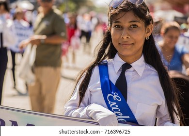 Uniformed Marching Teens During Independence Day Parade At La Lima Town In Honduras, On September 15,2017.